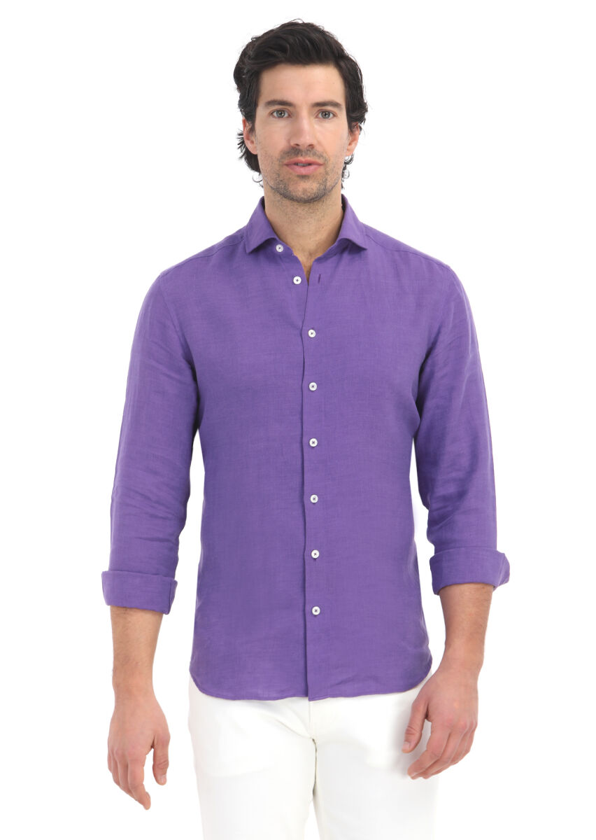 Purple Plain Regular Fit Long Weaving Casual Cotton Blended Shirt - 2