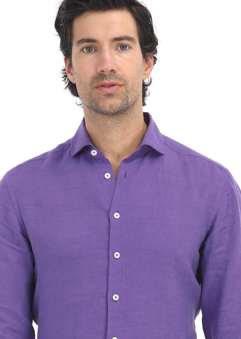 Purple Plain Regular Fit Long Weaving Casual Cotton Blended Shirt - 3