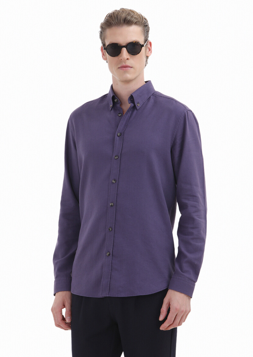 Purple Plain Regular Fit Long Weaving Casual Wool Blended Shirt - 1