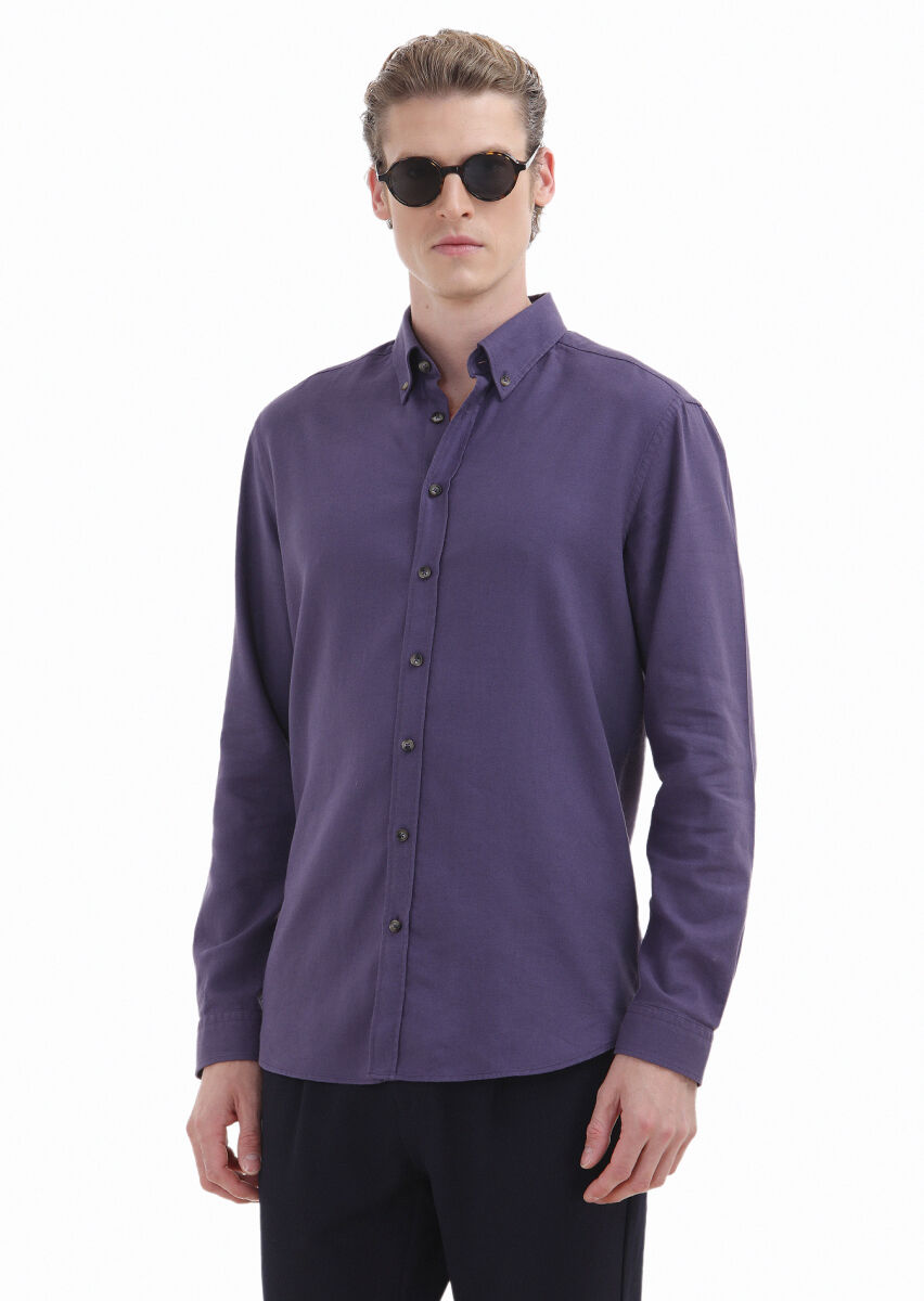 Purple Plain Regular Fit Long Weaving Casual Wool Blended Shirt - 1