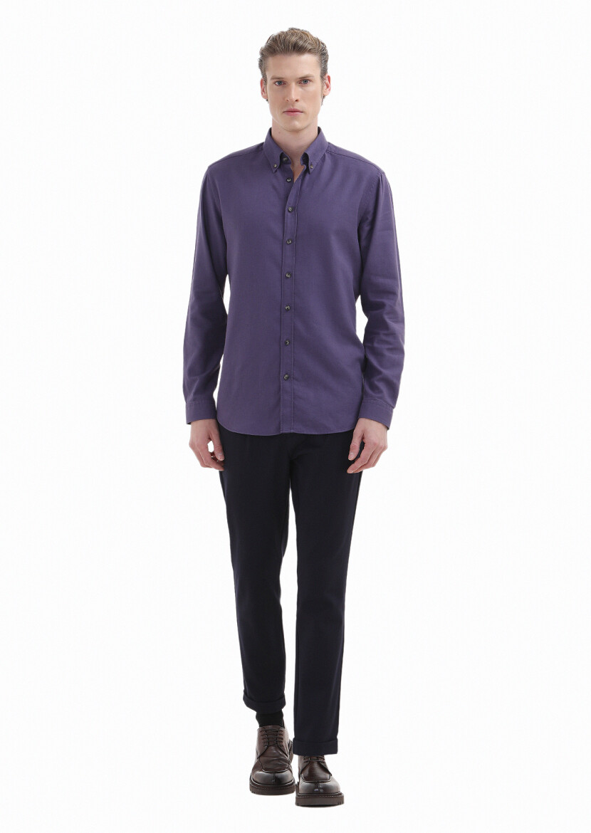 Purple Plain Regular Fit Long Weaving Casual Wool Blended Shirt - 2