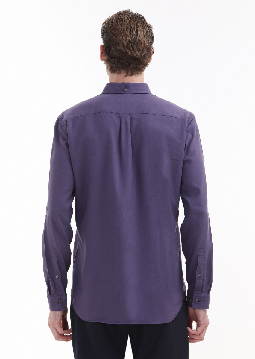 Purple Plain Regular Fit Long Weaving Casual Wool Blended Shirt - 3