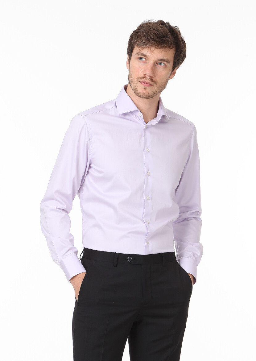Purple Plain Regular Fit Long Weaving Classical 100% Cotton Shirt - 1