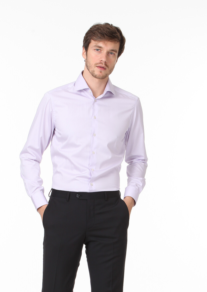 Purple Plain Regular Fit Long Weaving Classical 100% Cotton Shirt - 3