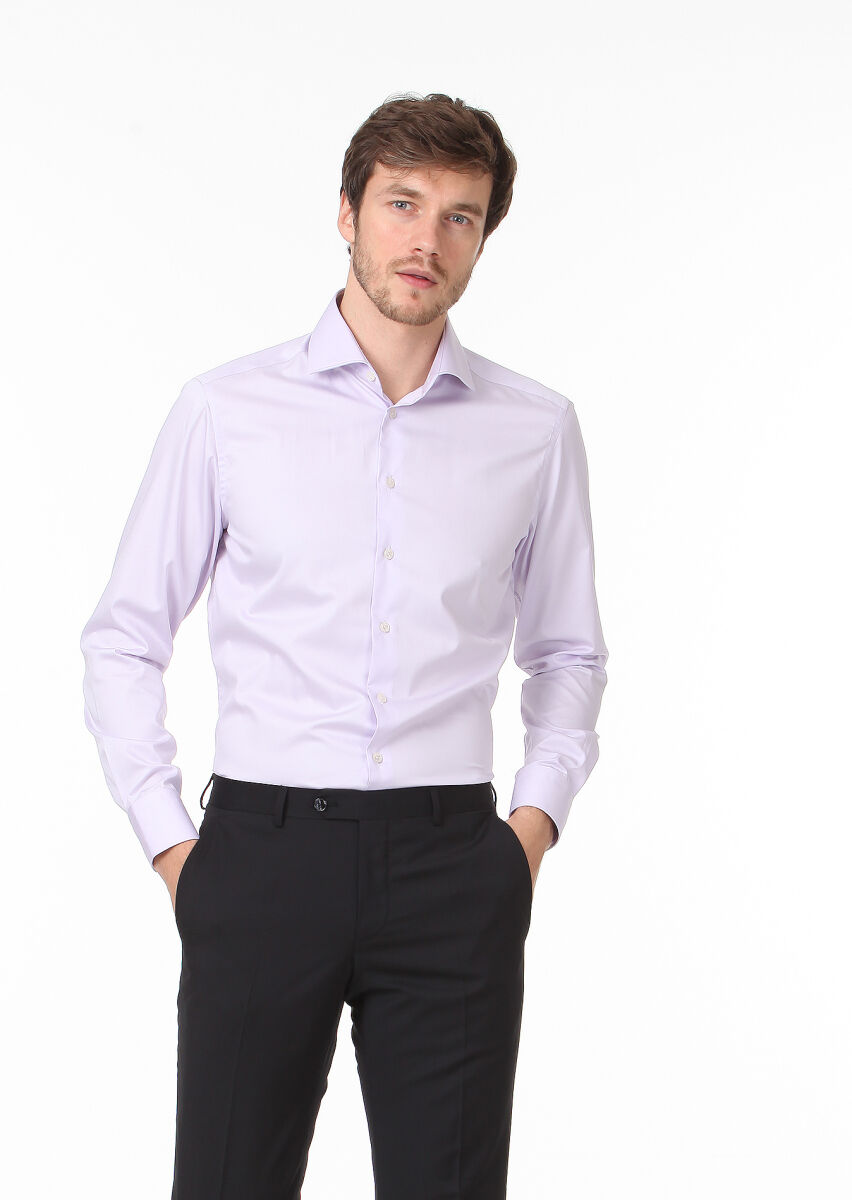 Purple Plain Regular Fit Long Weaving Classical 100% Cotton Shirt - 3