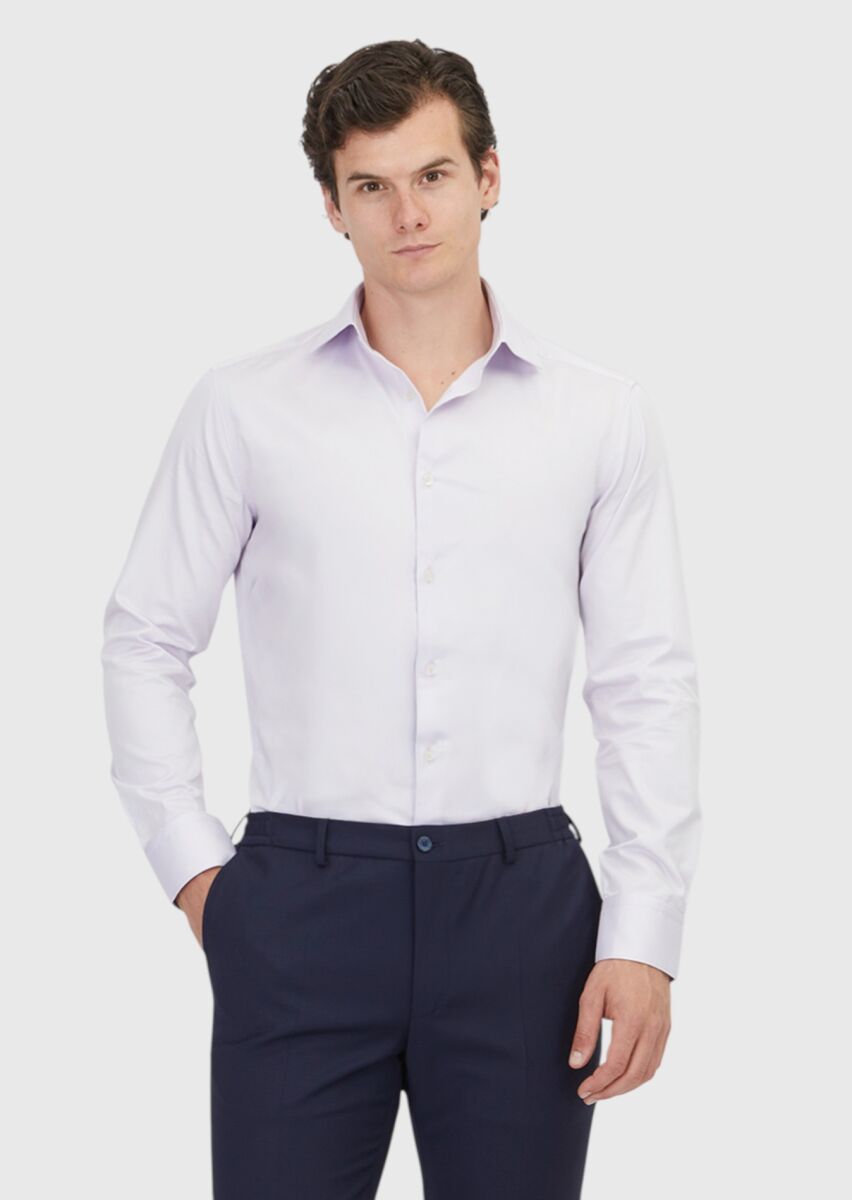 Purple Plain Regular Fit Long Weaving Classical 100% Cotton Shirt - 1