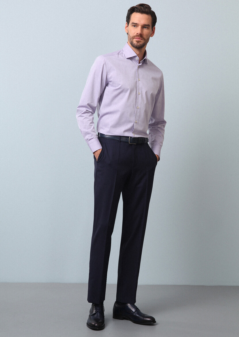 Purple Plain Regular Fit Long Weaving Classical Cotton Blended Shirt 