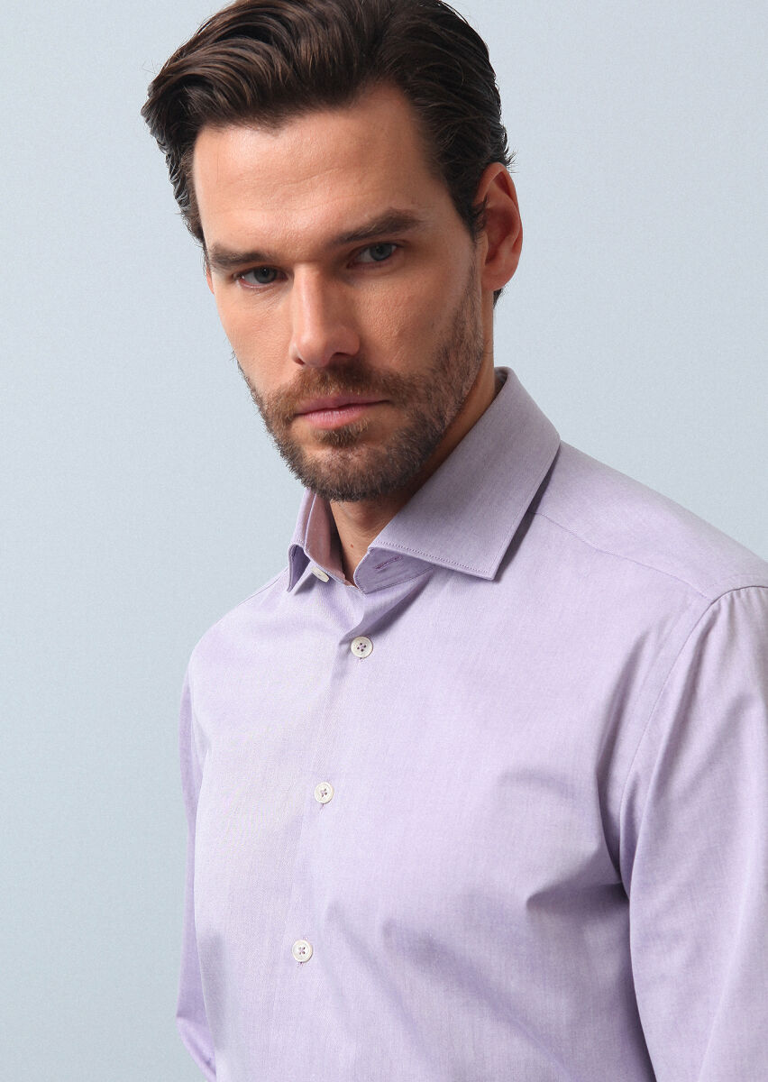Purple Plain Regular Fit Long Weaving Classical Cotton Blended Shirt - 3