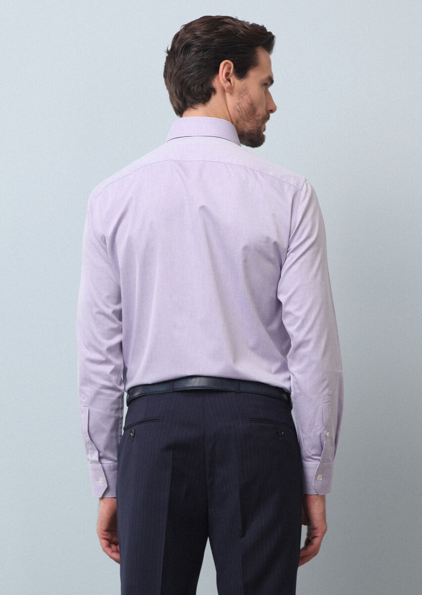 Purple Plain Regular Fit Long Weaving Classical Cotton Blended Shirt - 5