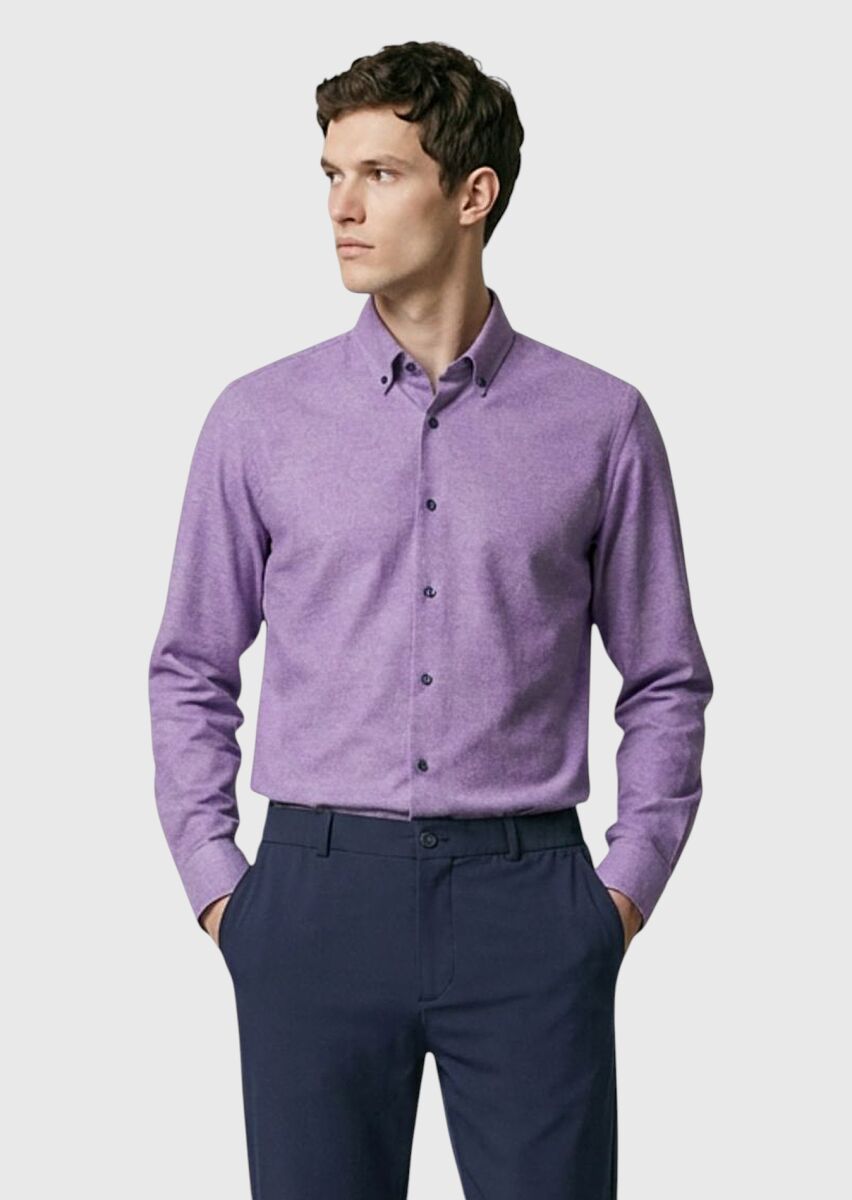 Purple Plain Regular Fit Weaving Casual 100% Cotton Shirt - 1