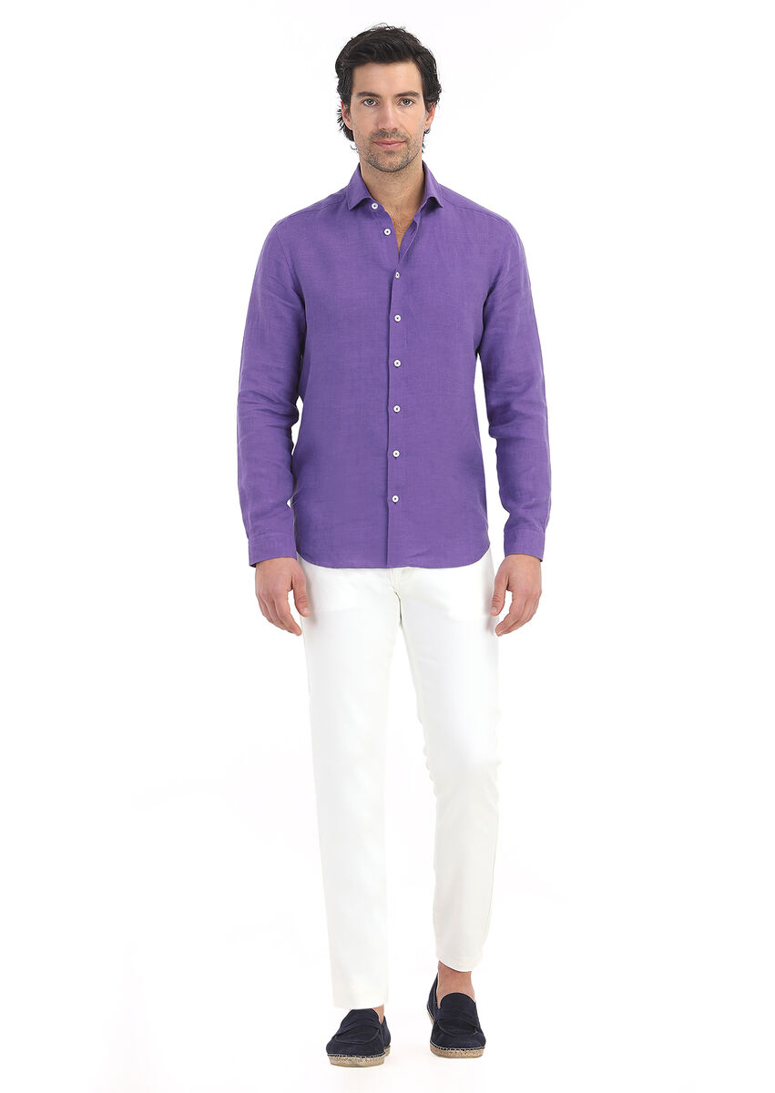 Purple Plain Regular Fit Weaving Casual Cotton Blended Shirt - 1