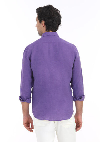 Purple Plain Regular Fit Weaving Casual Cotton Blended Shirt - 4