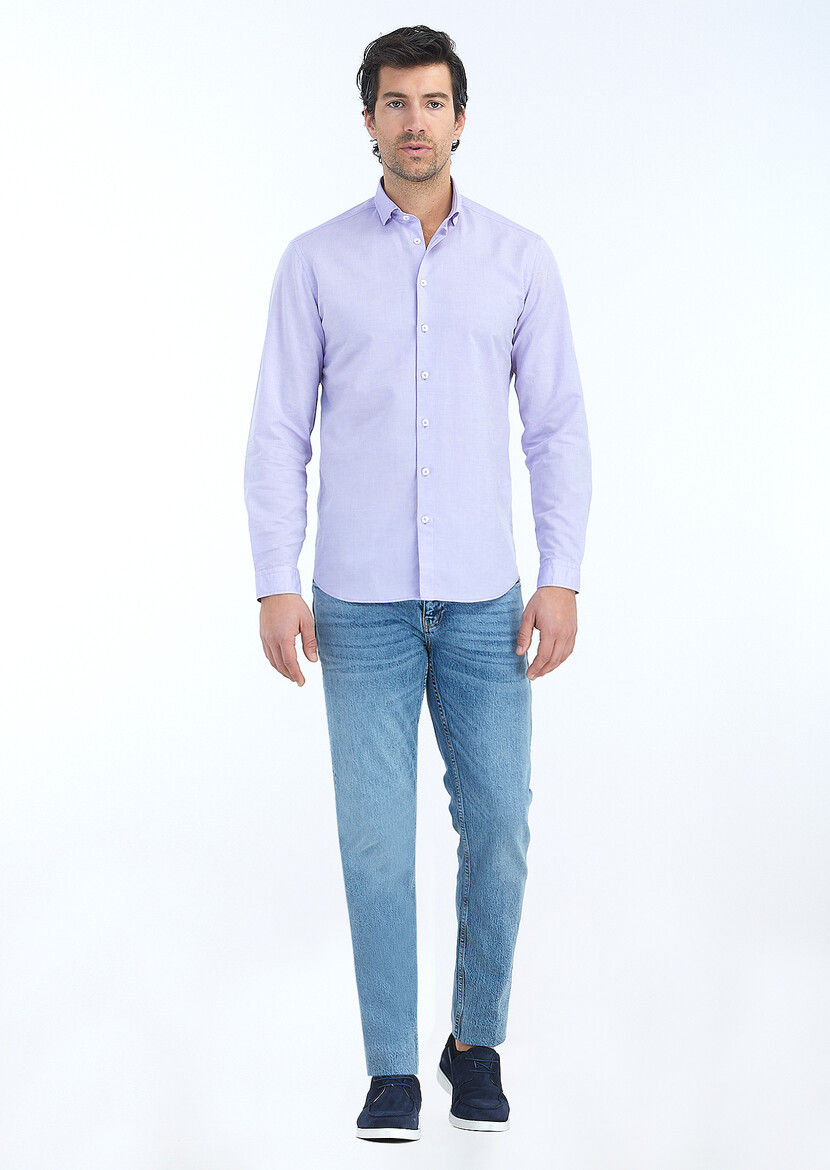 Purple Plain Regular Fit Weaving Casual Cotton Blended Shirt - 1