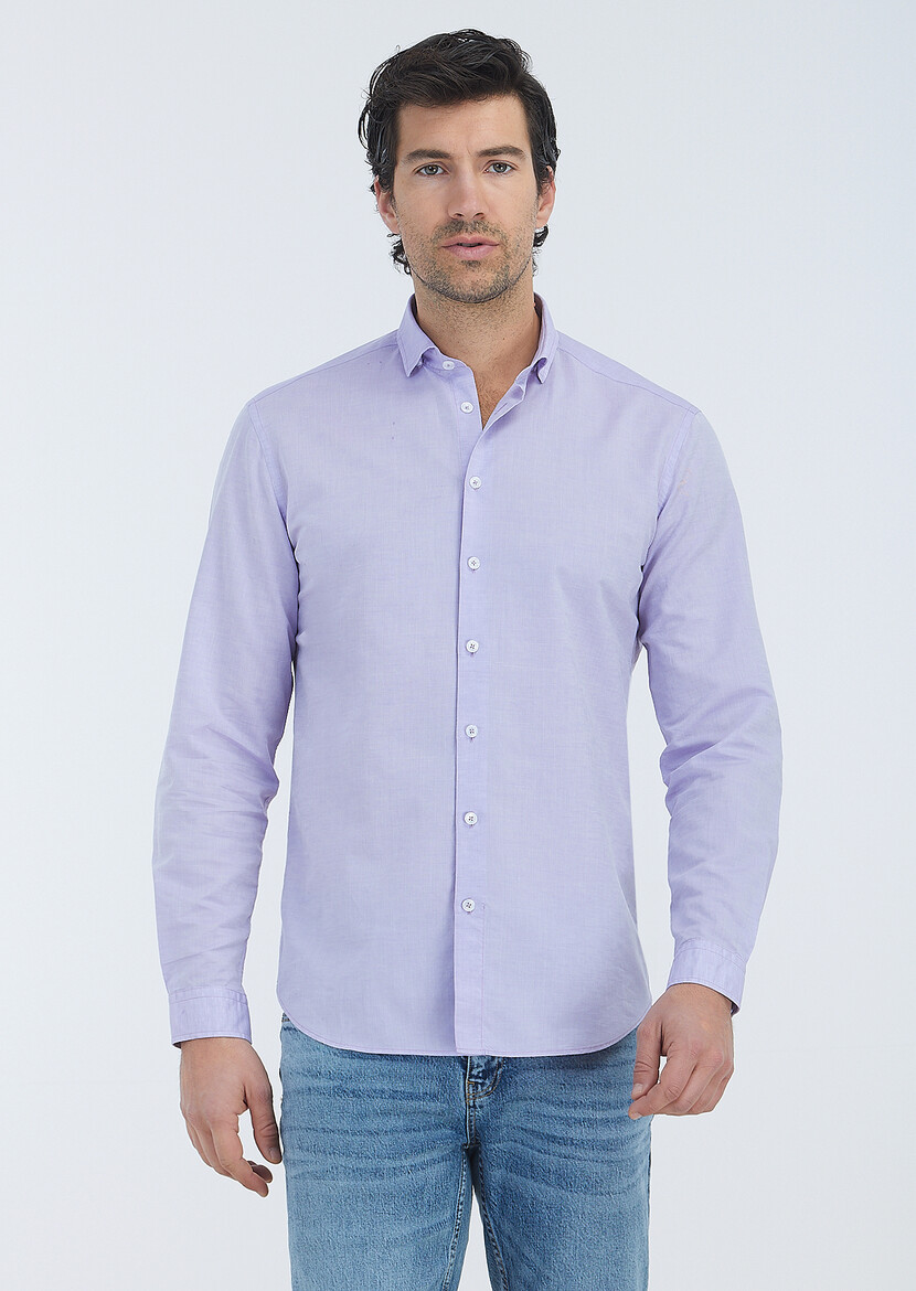 Purple Plain Regular Fit Weaving Casual Cotton Blended Shirt - 2