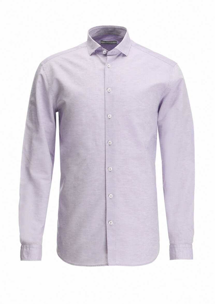 Purple Plain Regular Fit Weaving Casual Cotton Blended Shirt - 5