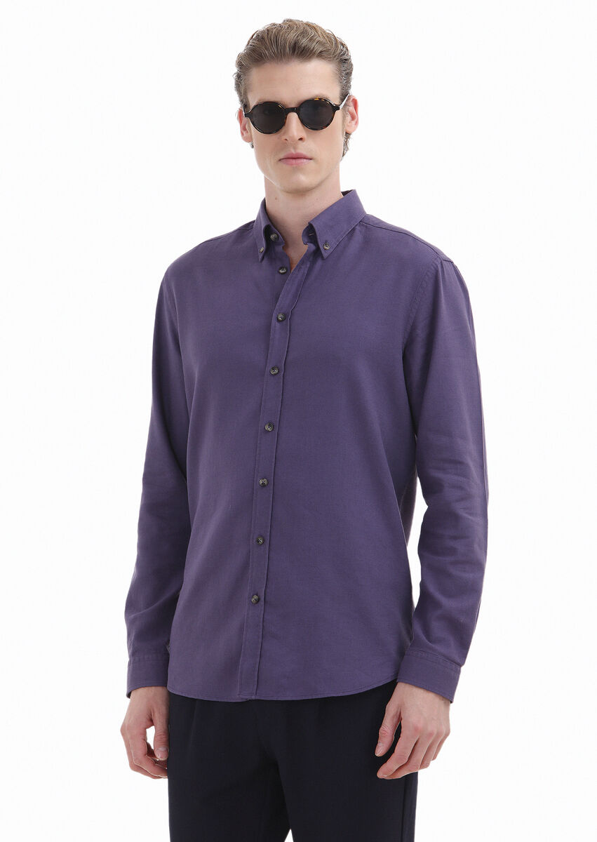 Purple Plain Regular Fit Weaving Casual Wool Blended Shirt - 1