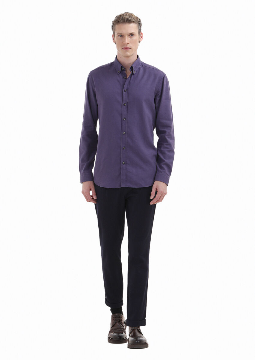 Purple Plain Regular Fit Weaving Casual Wool Blended Shirt - 2