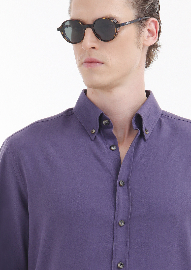 Purple Plain Regular Fit Weaving Casual Wool Blended Shirt - 3