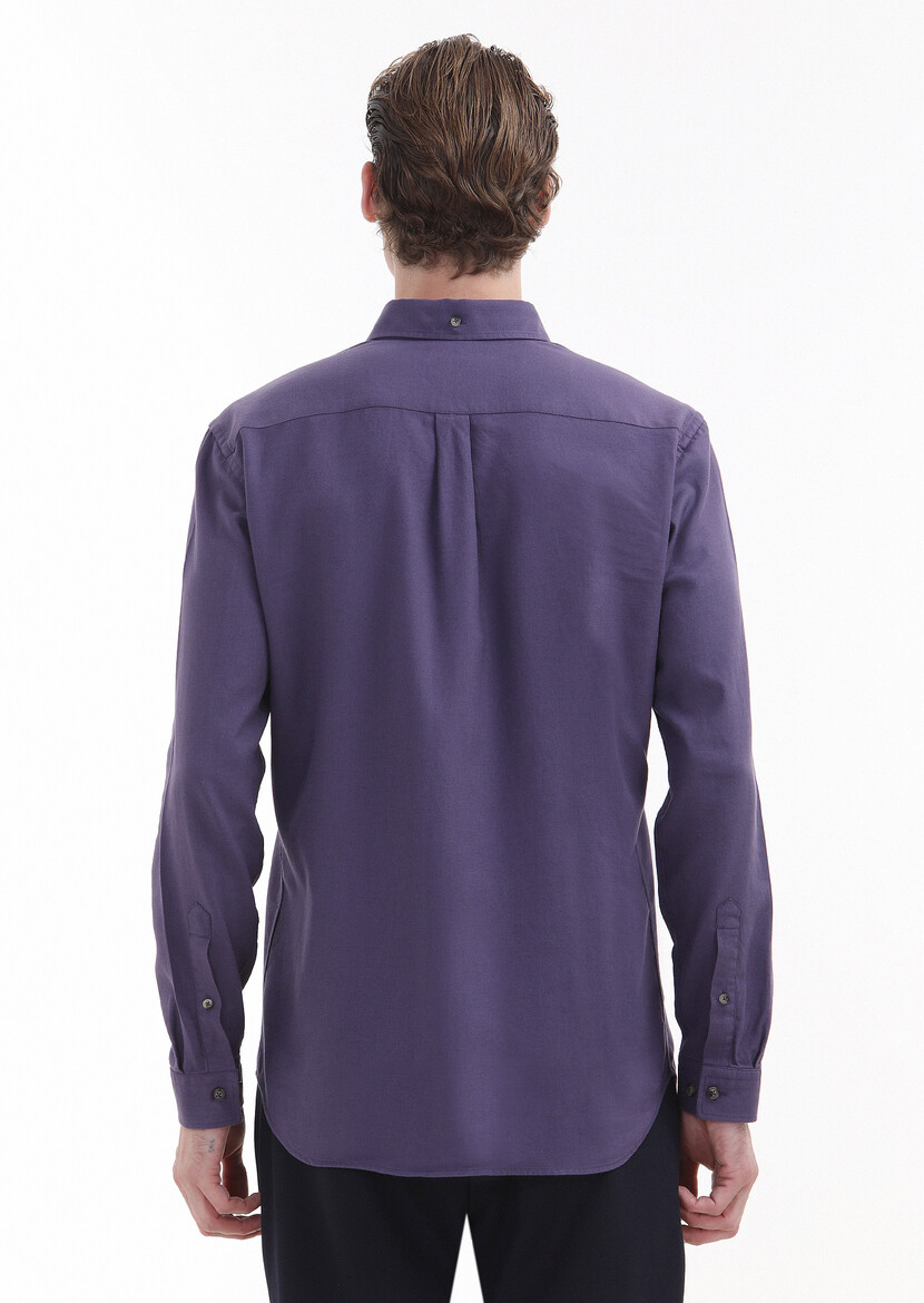 Purple Plain Regular Fit Weaving Casual Wool Blended Shirt - 4