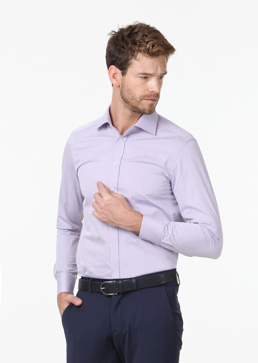 Purple Plain Regular Fit Weaving Classical Cotton Blended Shirt - RAMSEY