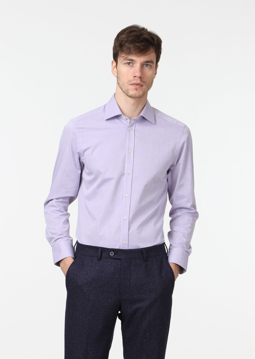 Purple Plain Regular Fit Weaving Classical Cotton Blended Shirt - 1