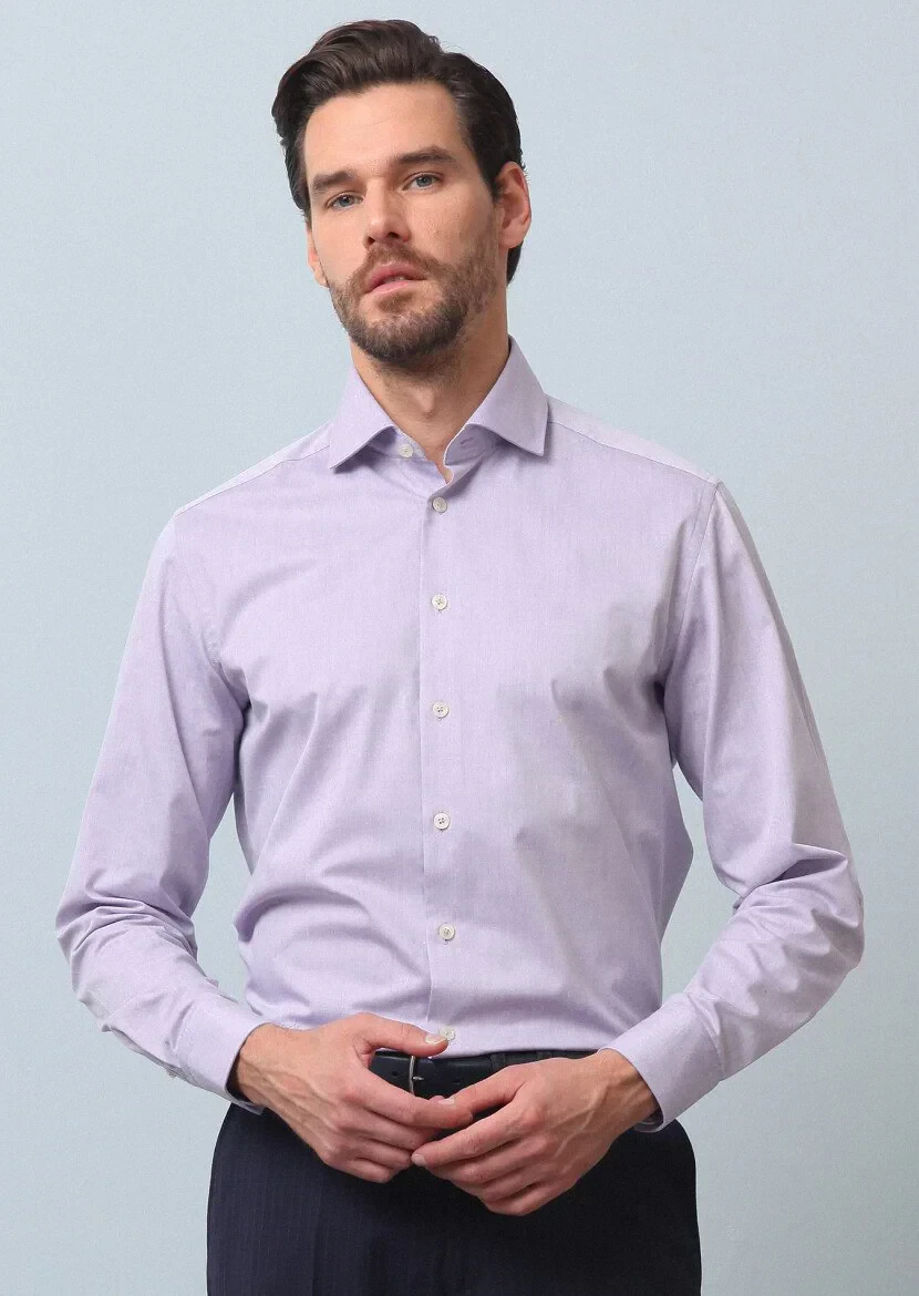 Purple Plain Regular Fit Weaving Classical Cotton Blended Shirt - 4