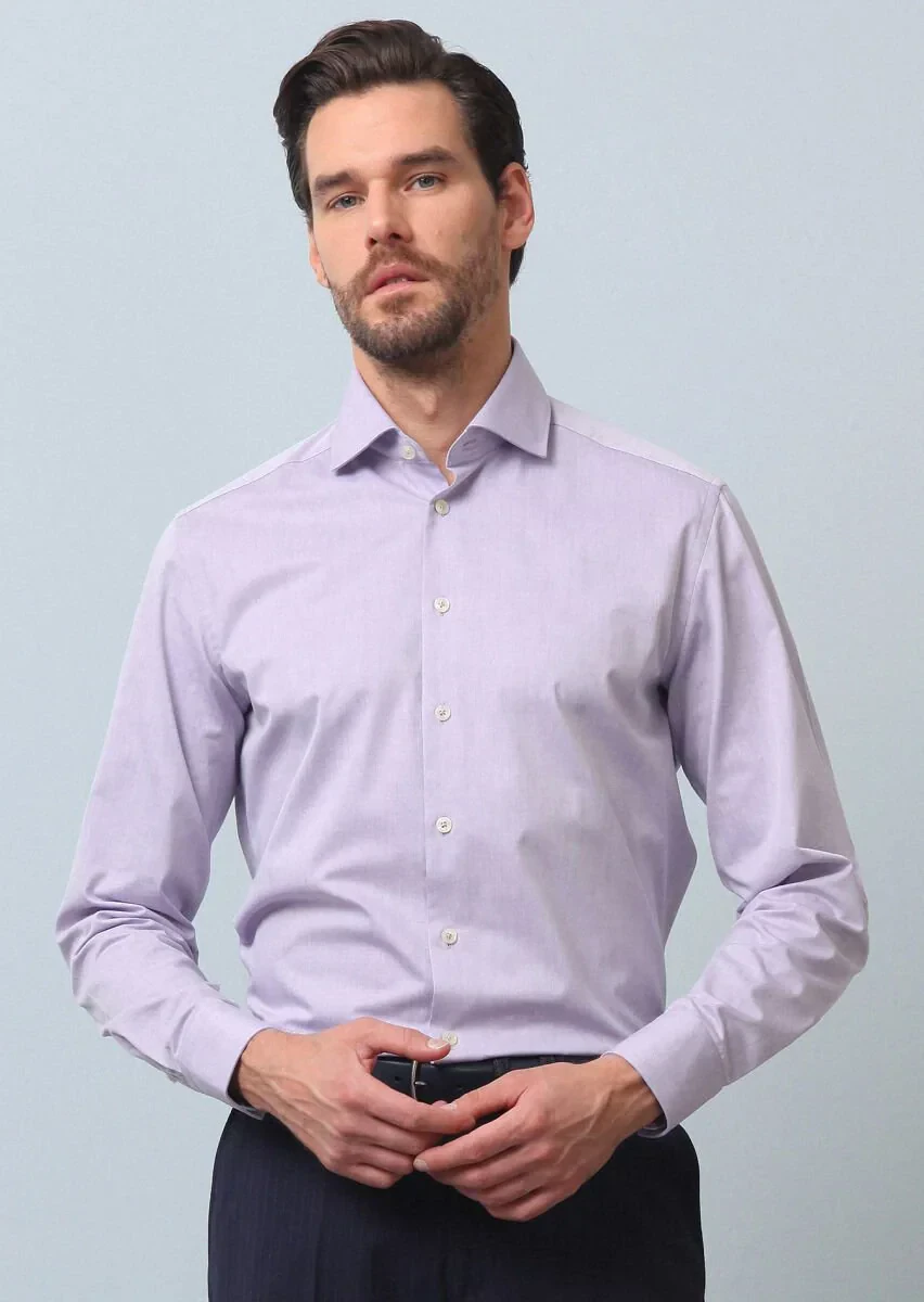 Purple Plain Regular Fit Weaving Classical Cotton Blended Shirt - 4