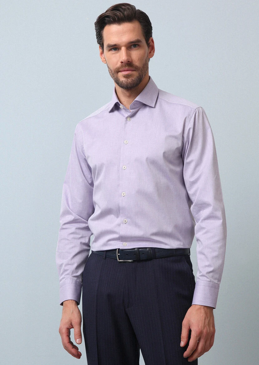 Purple Plain Regular Fit Weaving Classical Cotton Blended Shirt - RAMSEY