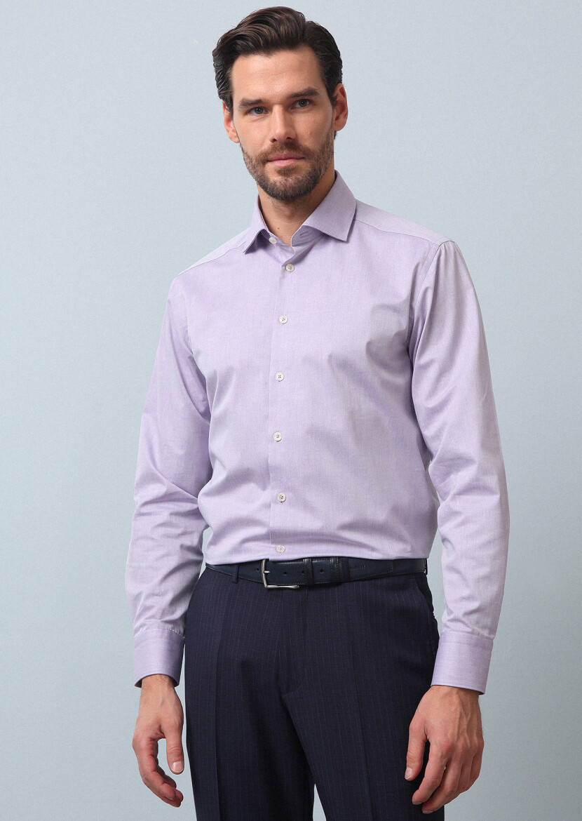 Purple Plain Regular Fit Weaving Classical Cotton Blended Shirt - 1