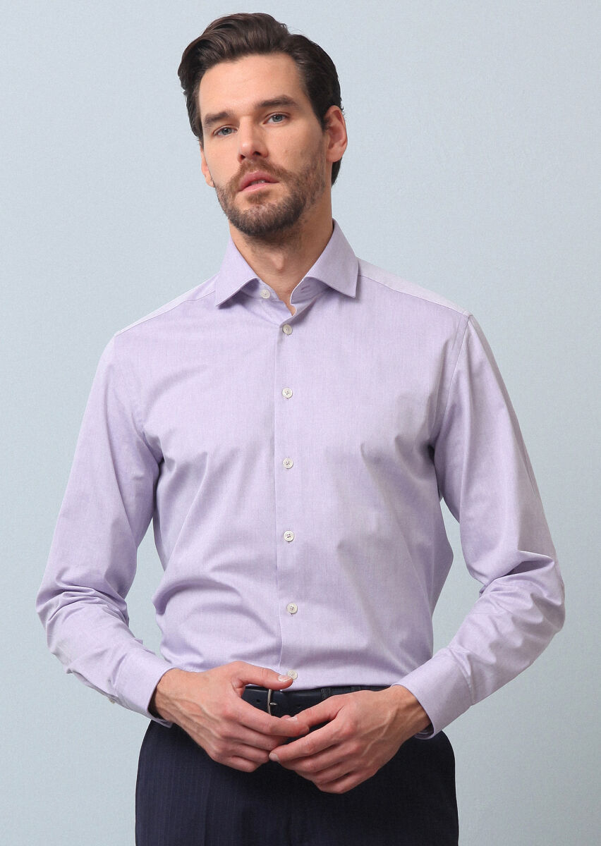 Purple Plain Regular Fit Weaving Classical Cotton Blended Shirt - 4