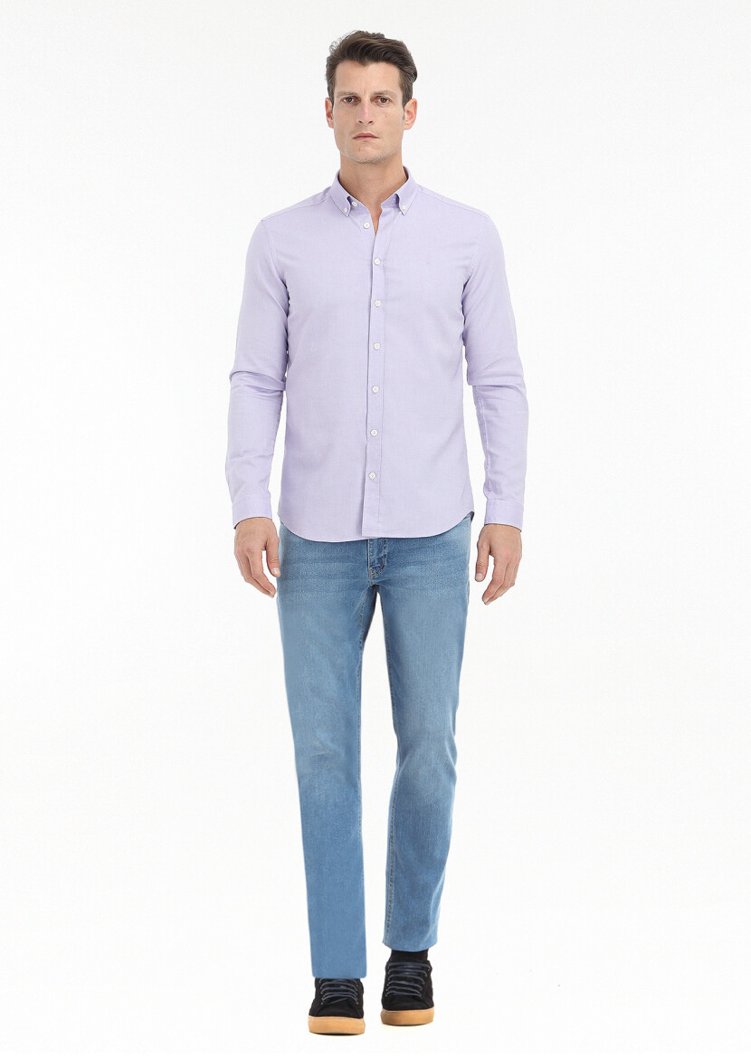 Purple Plain Slim Fit Long Weaving Casual 100% Cotton Shirt - 1
