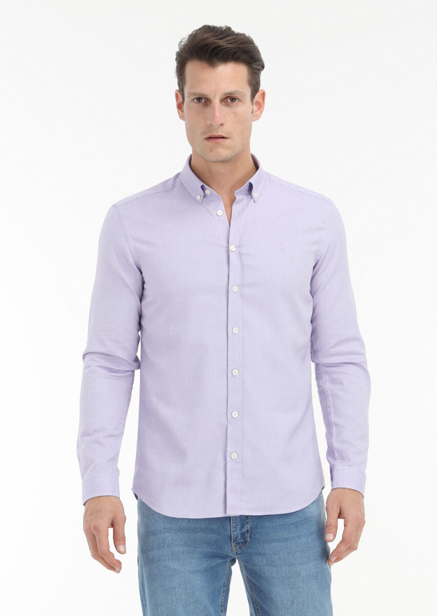 Purple Plain Slim Fit Long Weaving Casual 100% Cotton Shirt - 2