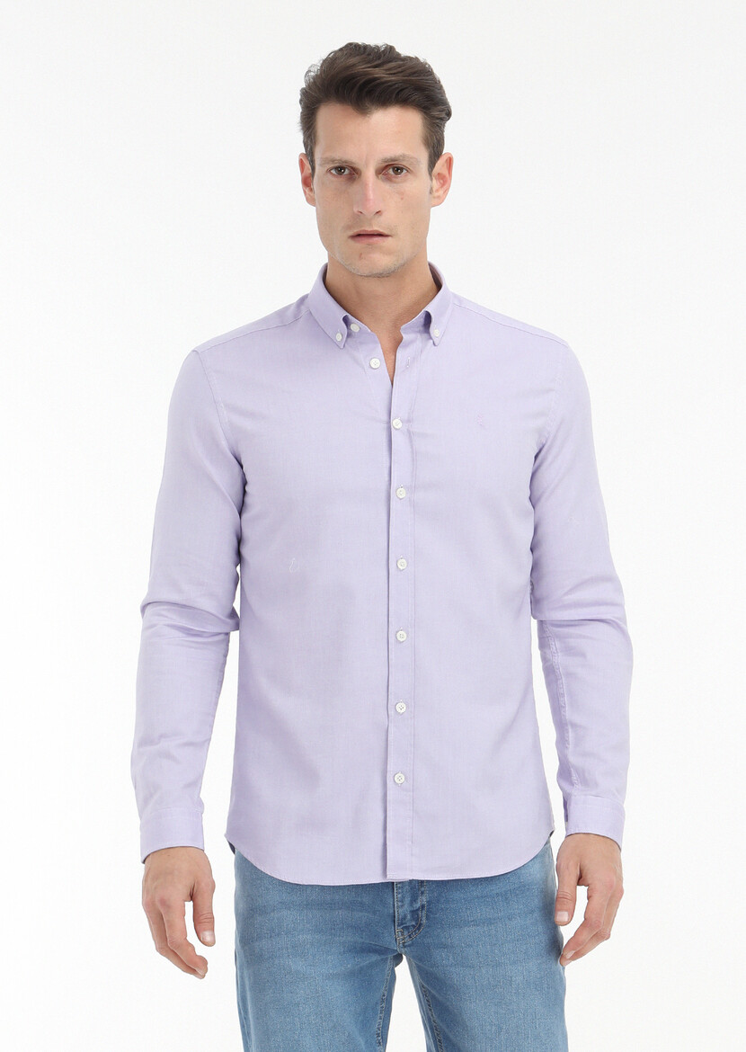 Purple Plain Slim Fit Weaving Casual 100% Cotton Shirt - 2