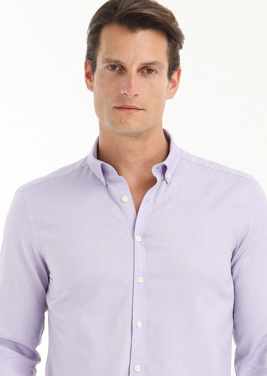 Purple Plain Slim Fit Weaving Casual 100% Cotton Shirt - 3