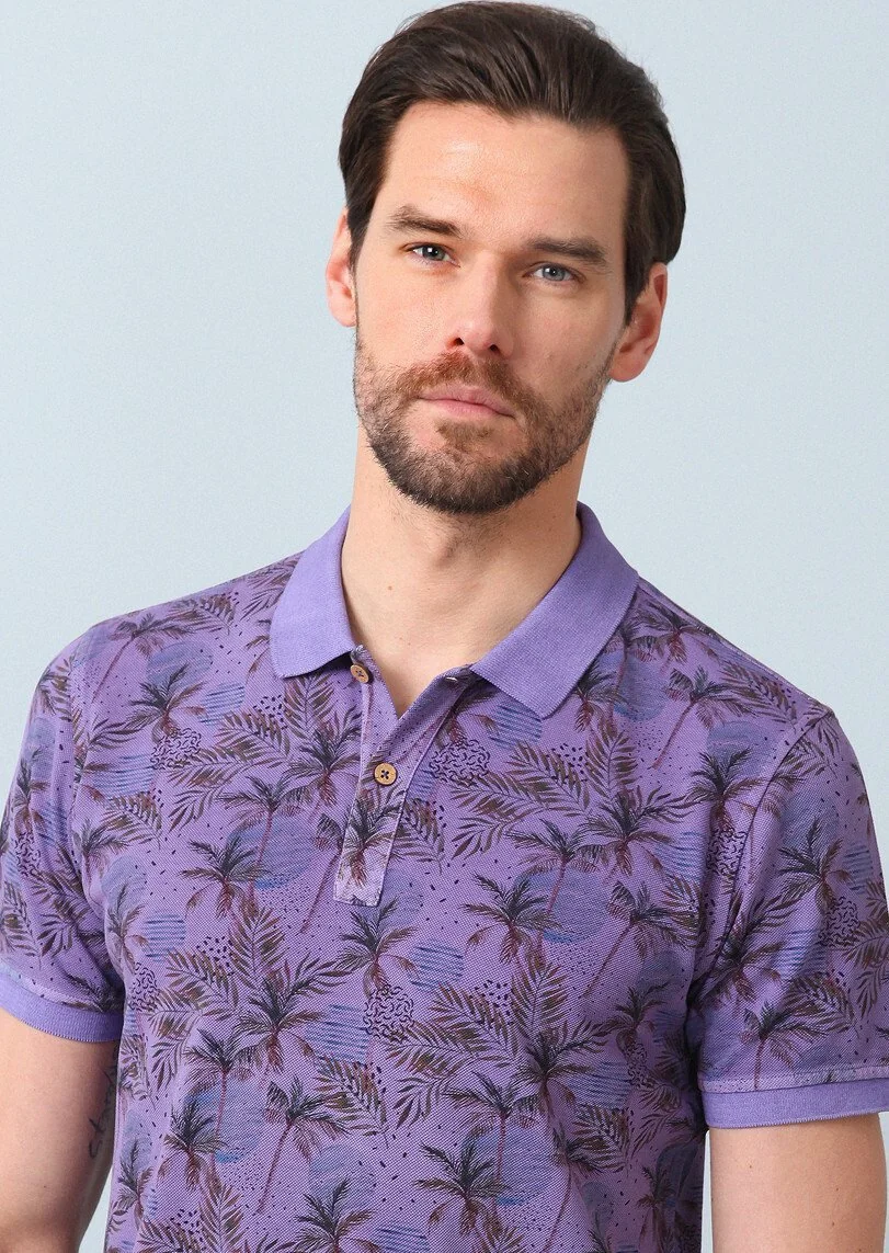Purple Printed Polo Neck 100% Cotton T-Shirt - 1