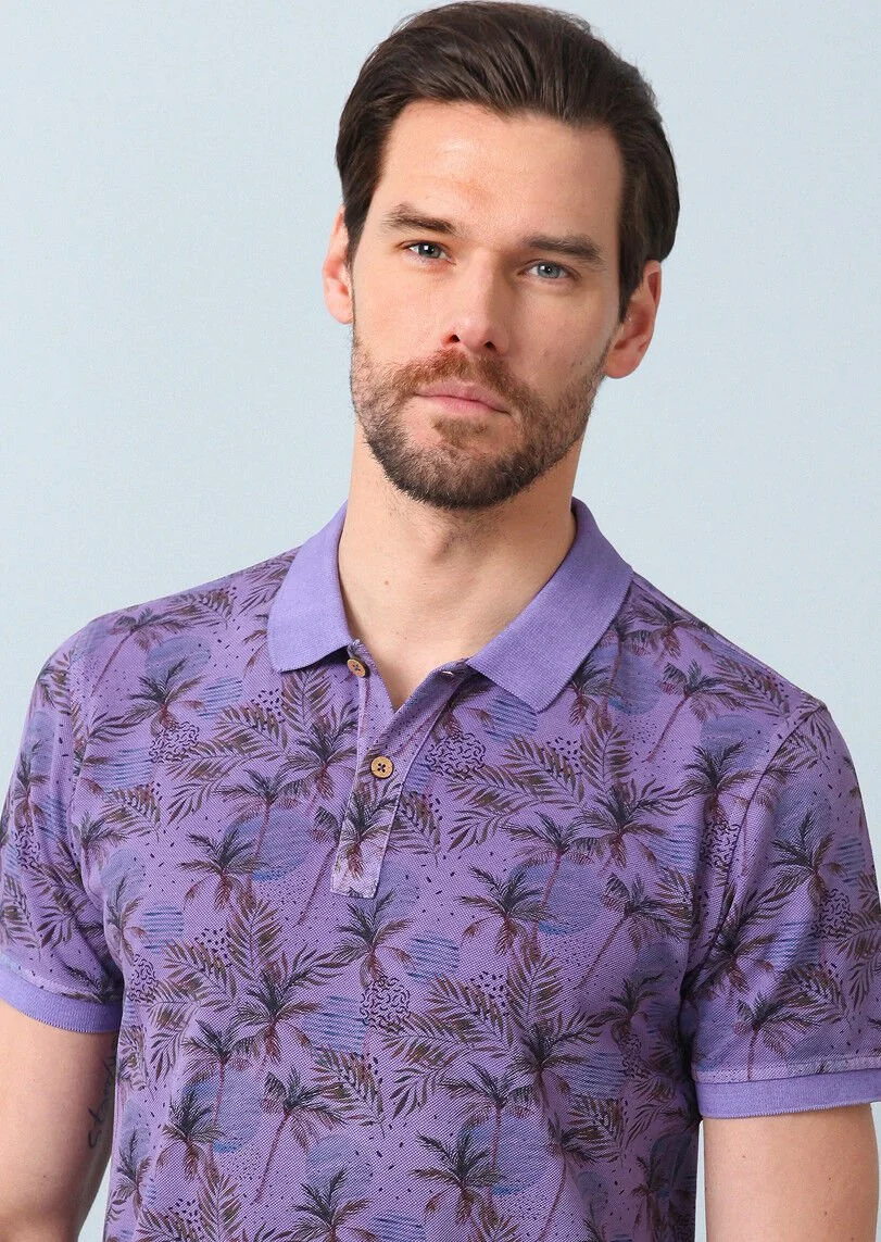 Purple Printed Polo Neck 100% Cotton T-Shirt - 1