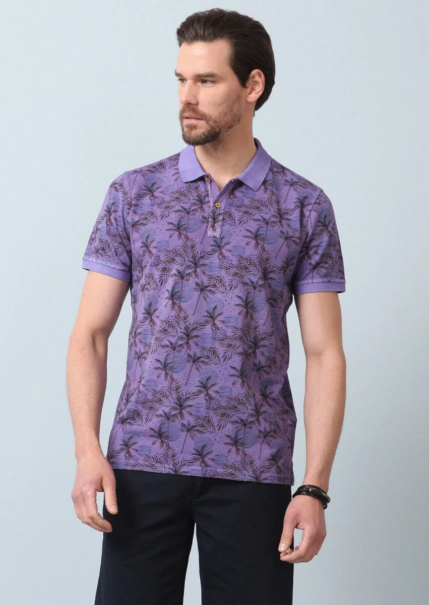 Purple Printed Polo Neck 100% Cotton T-Shirt - 2