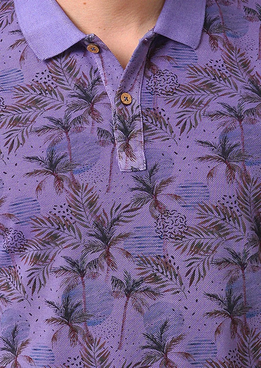 Purple Printed Polo Neck 100% Cotton T-Shirt - 3