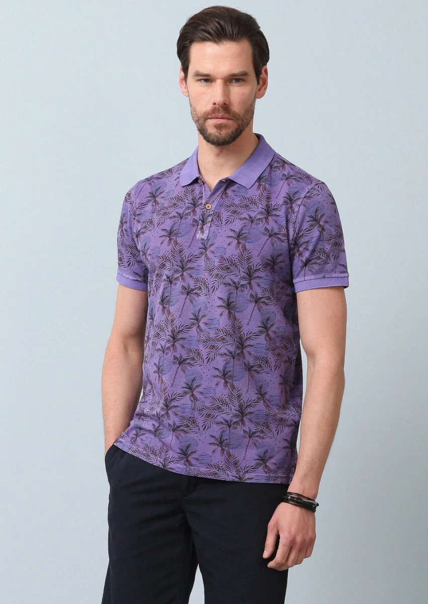 Purple Printed Polo Neck 100% Cotton T-Shirt - 4