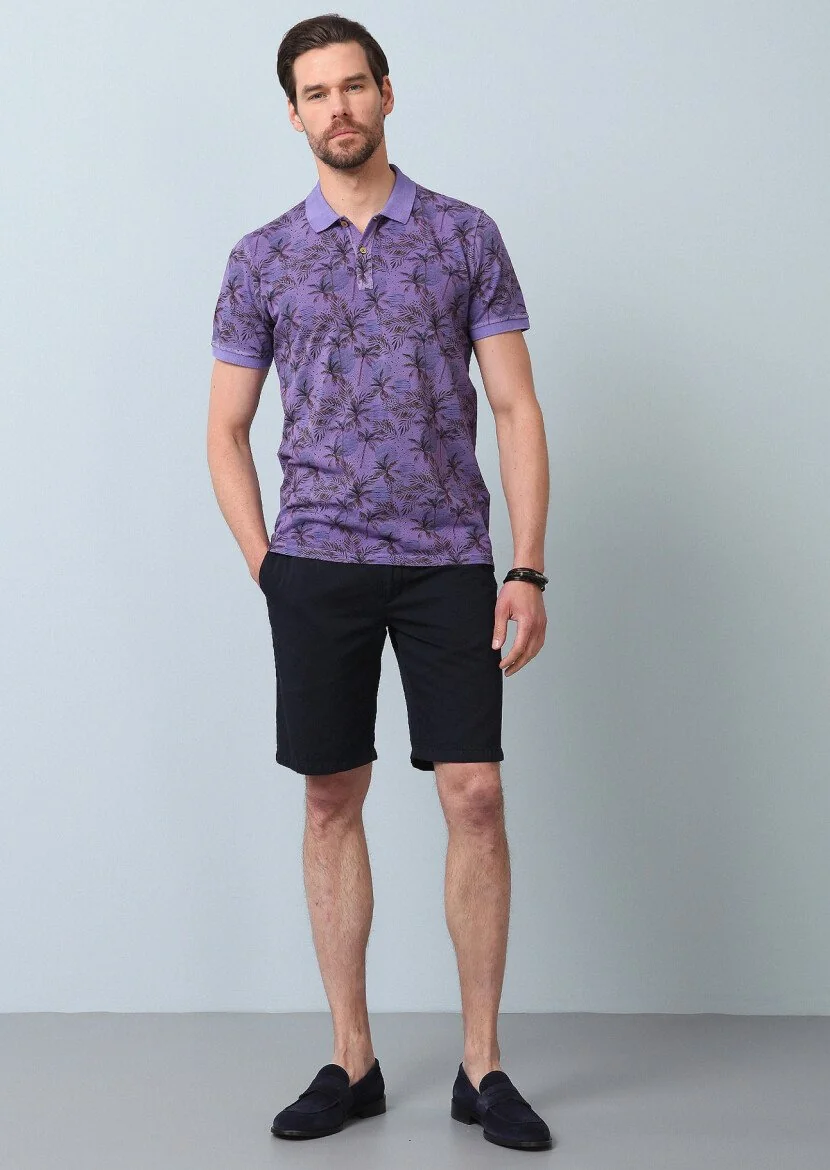 Purple Printed Polo Neck 100% Cotton T-Shirt - 5