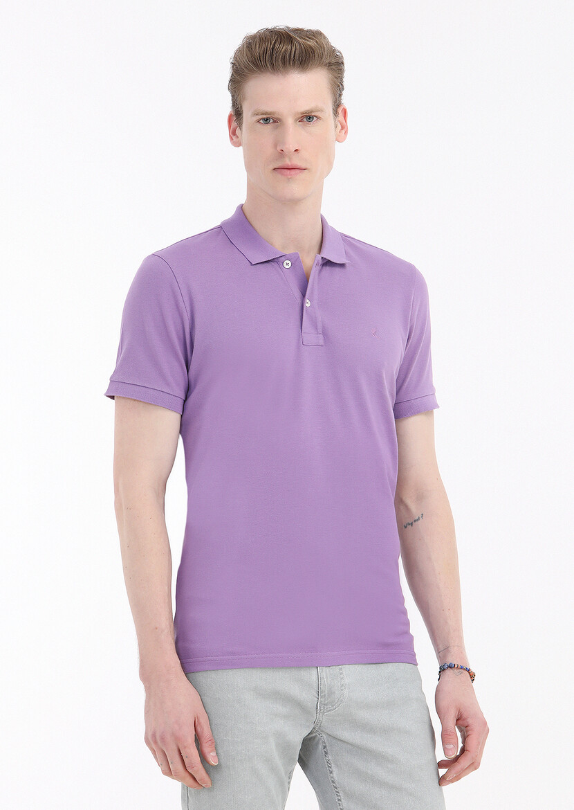 Purple Printed Polo Neck 100% Cotton T-Shirt - 2