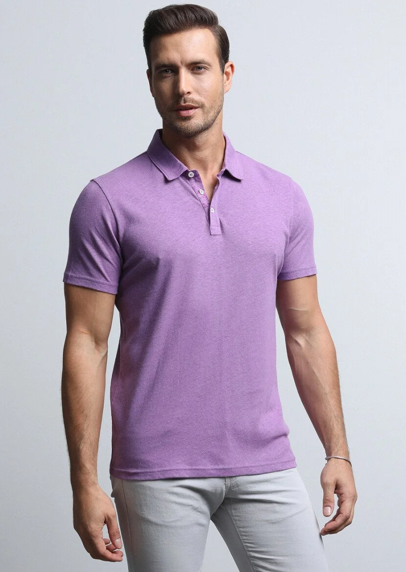 Purple Printed Polo Neck Cotton Blended T-Shirt - 1