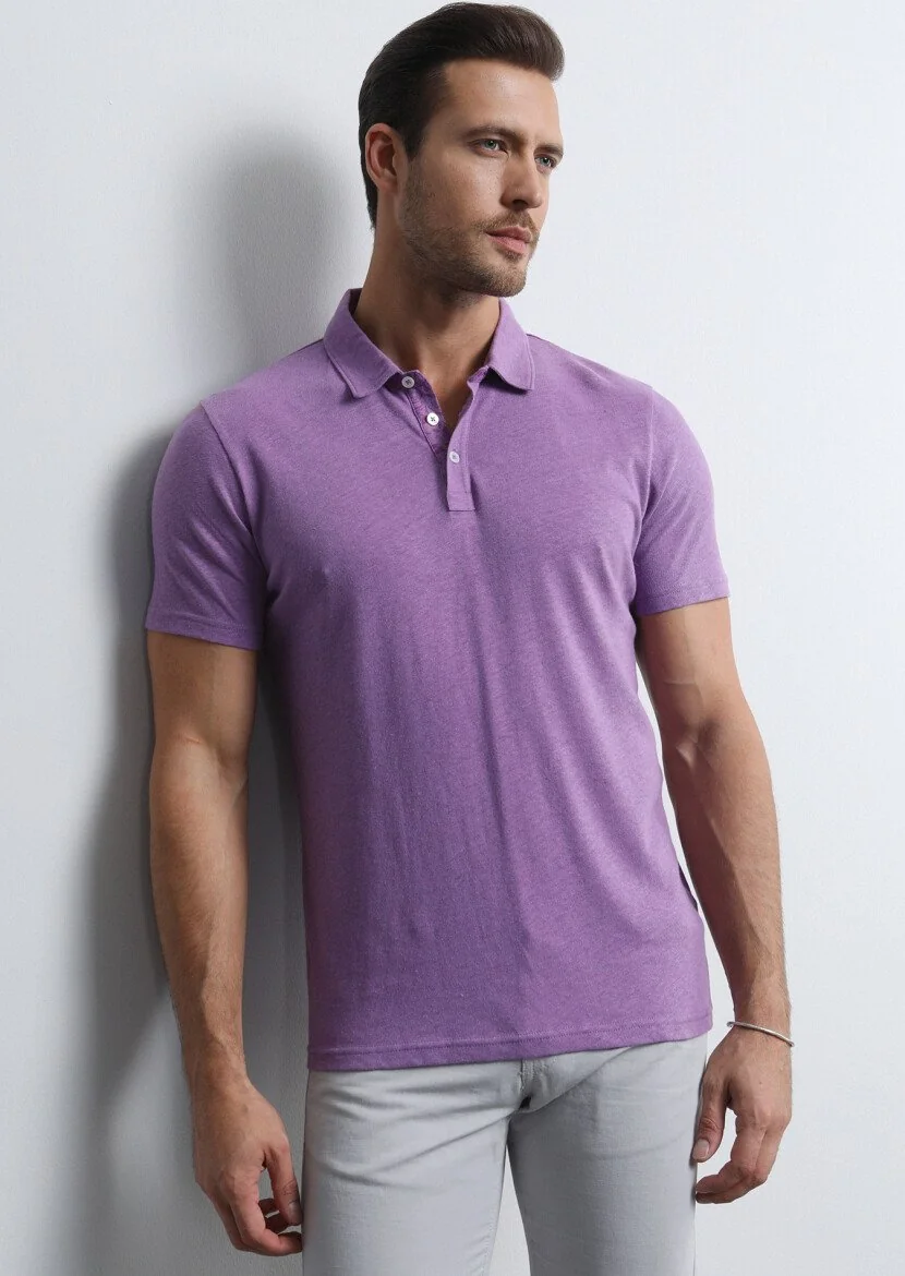 Purple Printed Polo Neck Cotton Blended T-Shirt 