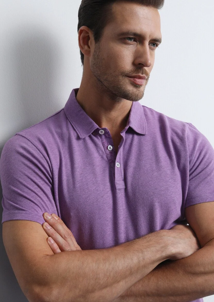 Purple Printed Polo Neck Cotton Blended T-Shirt - 3