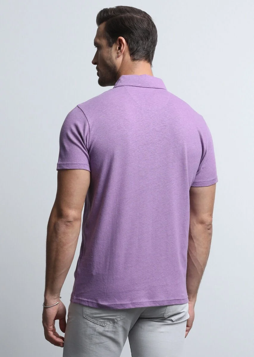 Purple Printed Polo Neck Cotton Blended T-Shirt - 5
