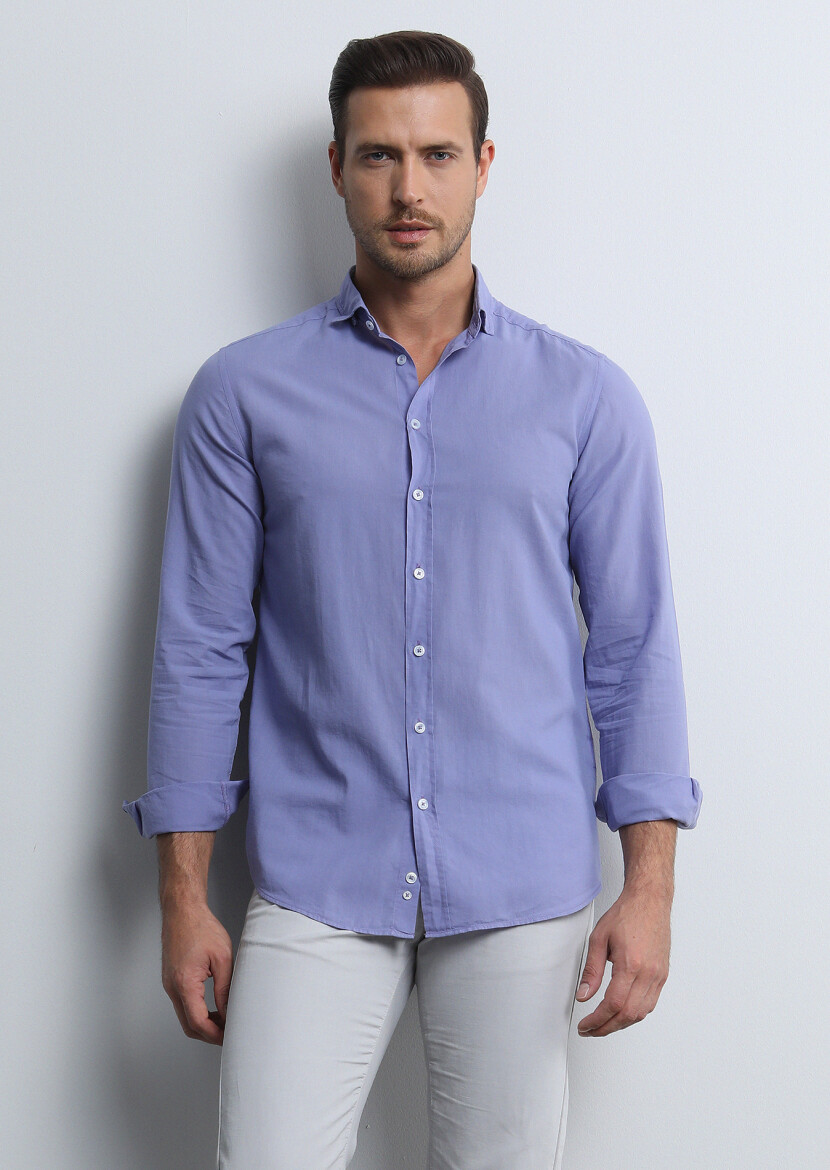 Purple Regular Fit Long Weaving Denim 100% Cotton Shirt - 2