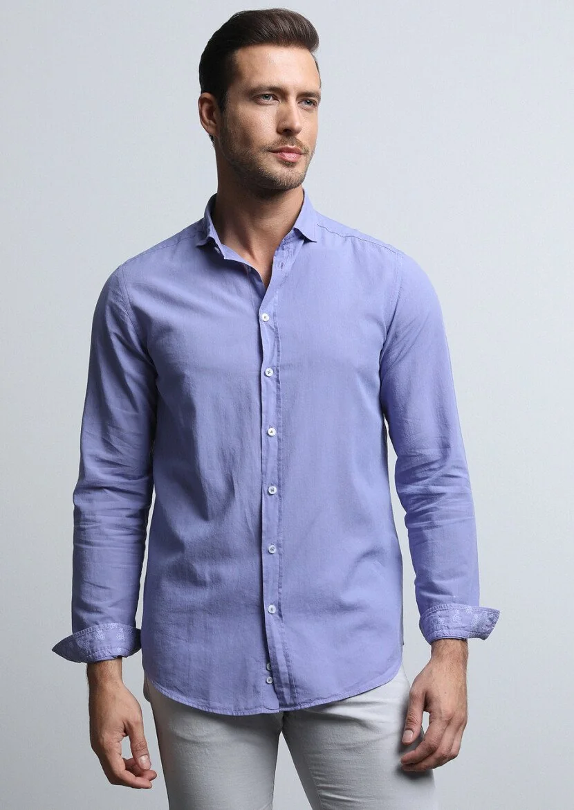Purple Regular Fit Weaving Denim 100% Cotton Shirt 
