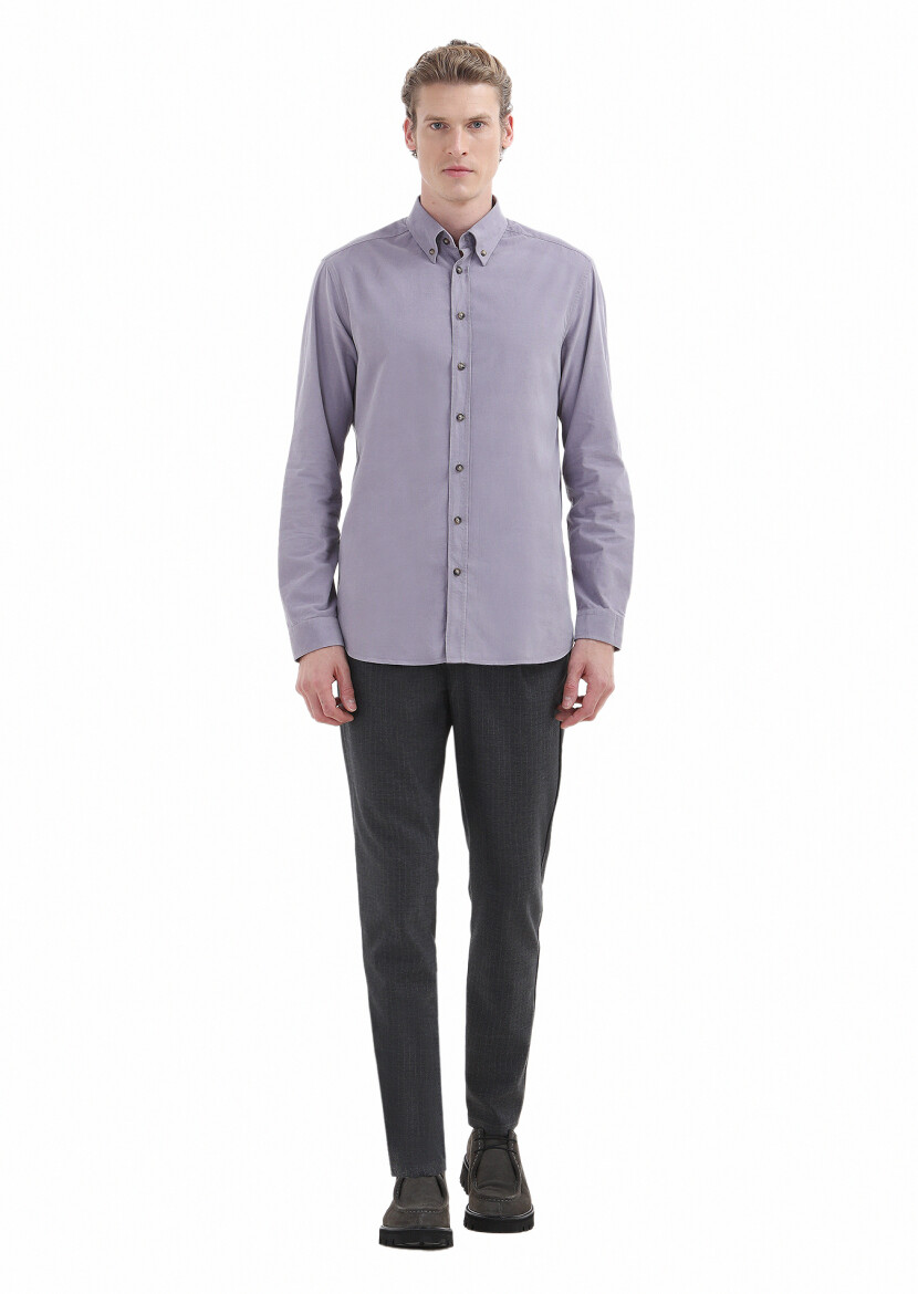 Purple Ribbed Regular Fit Long Weaving Casual 100% Cotton Shirt 