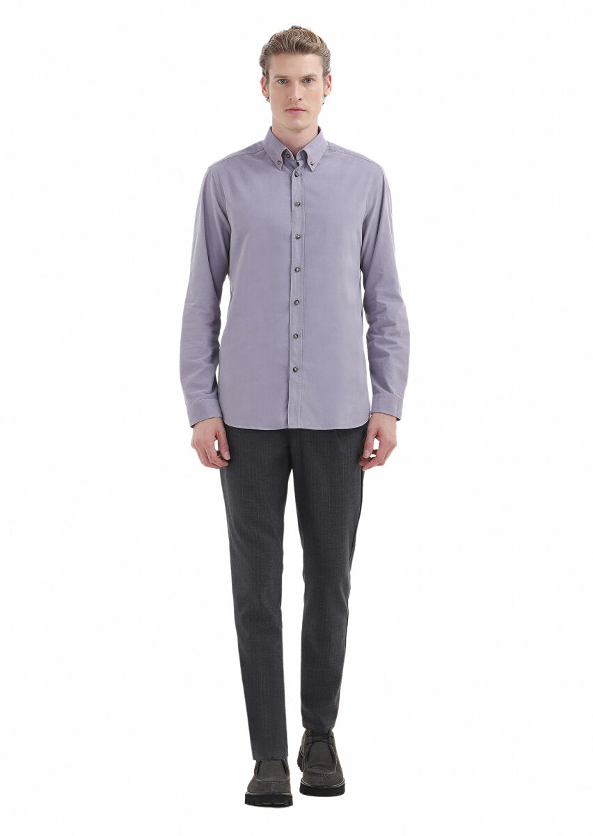 Purple Ribbed Regular Fit Long Weaving Casual 100% Cotton Shirt - 2
