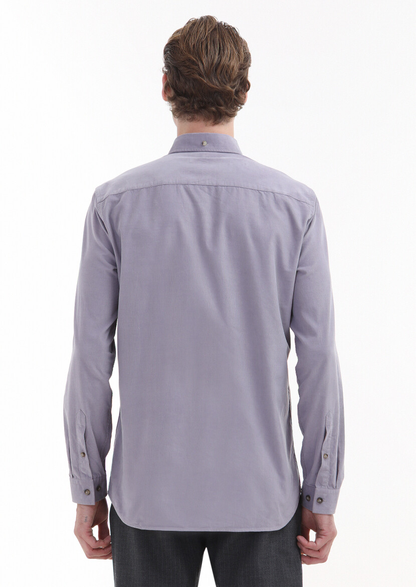 Purple Ribbed Regular Fit Long Weaving Casual 100% Cotton Shirt - 3